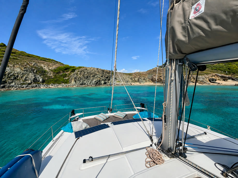 Zephyr's foredeck at anchor in Anse de Colombier