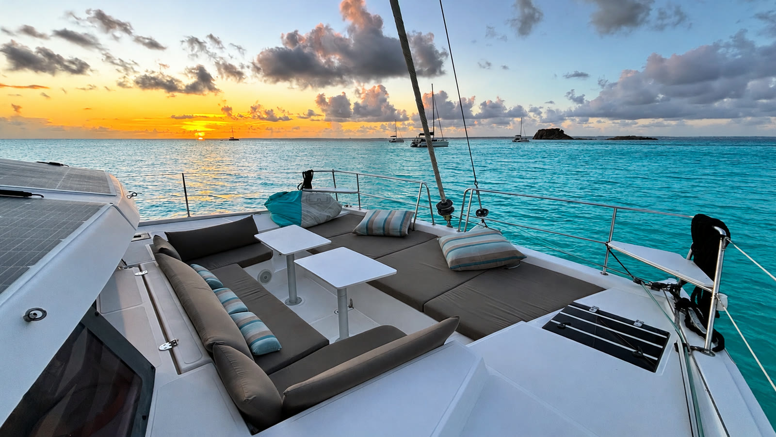Zephyr's forward lounge at sunset in Grand-Case Bay