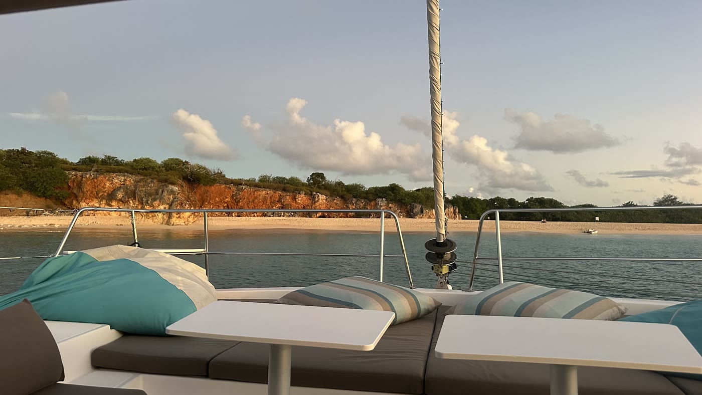 Zephyr's forward lounge facing the beach at Tintamarre