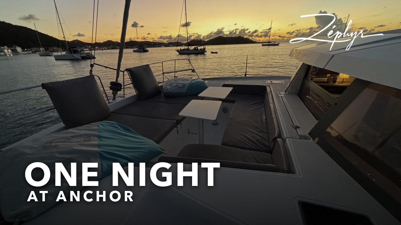 Zéphyr's foredeck at sunset in Grand-Case Bay
